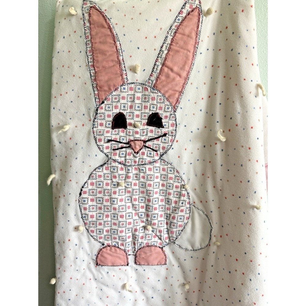 Quilt Flannel Hand Quilted Embroidered Baby Blanket Cotton Bunny Vtg 52 "X 37" - Picture 2 of 5